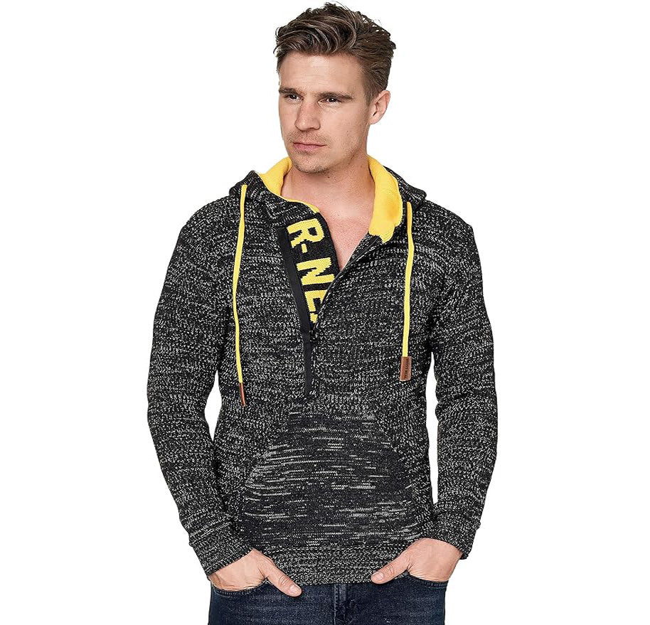 Rusty Neal men's knitted sweater hooded sweatshirt black and yellow