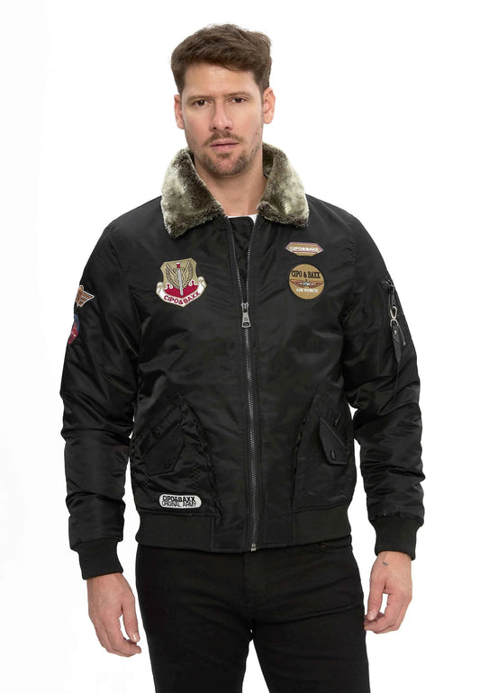 Cipo & Baxx WULF Herren Bomberjacke Fell Kapuze black CM232
