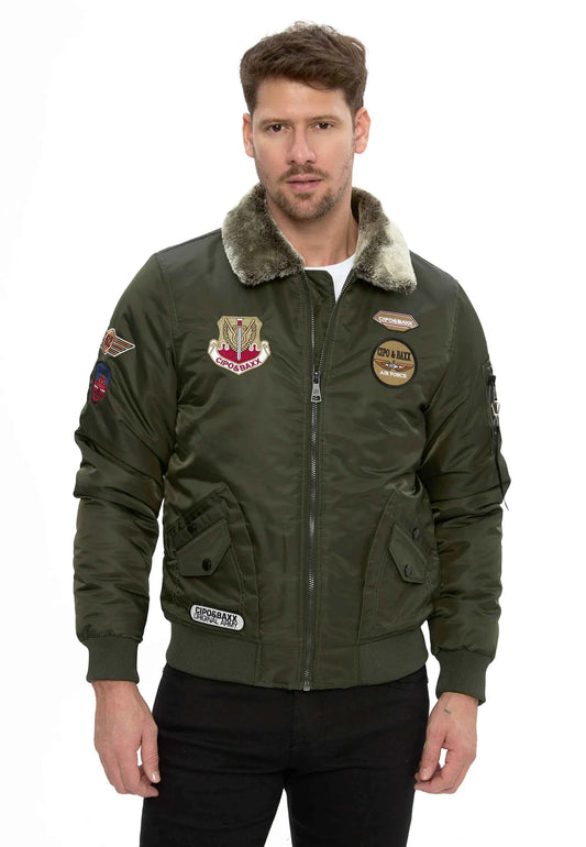 Cipo & Baxx WULF Herren Bomberjacke Fell Kapuze green CM232