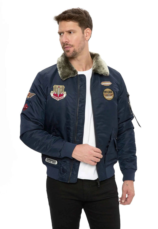 Cipo & Baxx WULF Herren Bomberjacke Fell Kapuze blue CM232