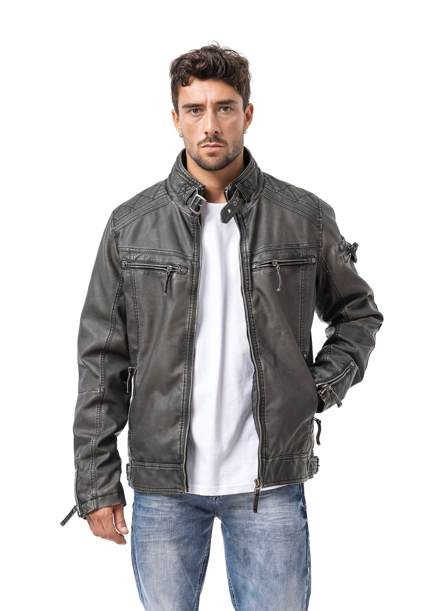 Cipo & Baxx ONYX Herren Biker Leder Jacke grau CM223