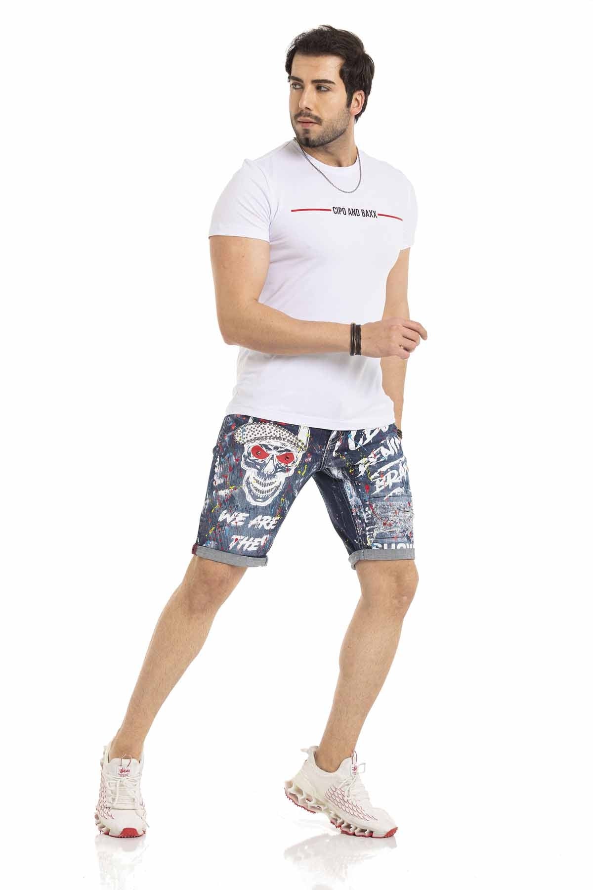 Cipo &amp; Baxx SKULL Men's Short Jeans Denim CK255